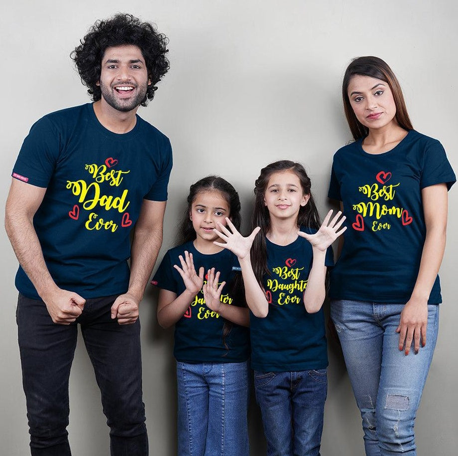 Best Dad Ever-Best Mom Ever.., Family of 4 T-Shirts Combo (Navy Blue) (Daughter-Daughter)