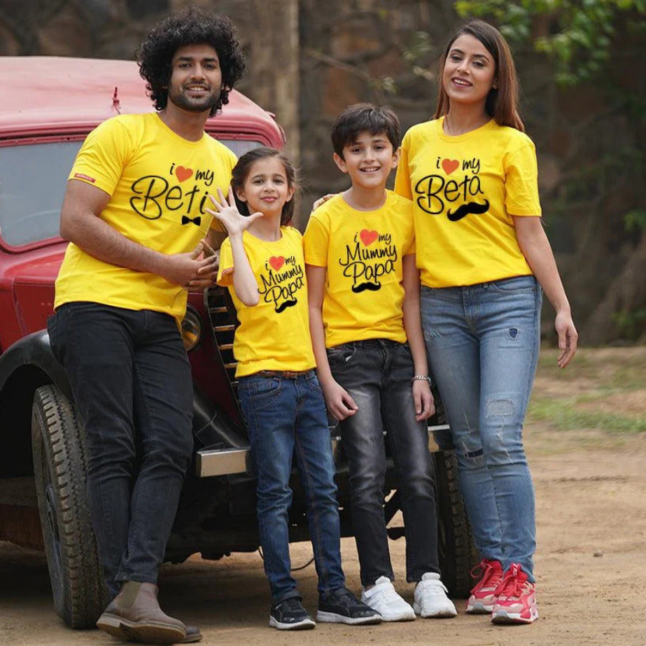 I Love My Beta-Beti, I Love My Mummy Papa, Family of 4 T-Shirts Combo (Yellow)