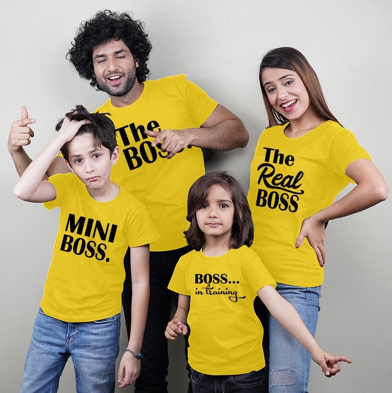 The Boss-The Real Boss-Mini Boss-Boss in Training, Family of 4 T-Shirts Combo (Yellow)