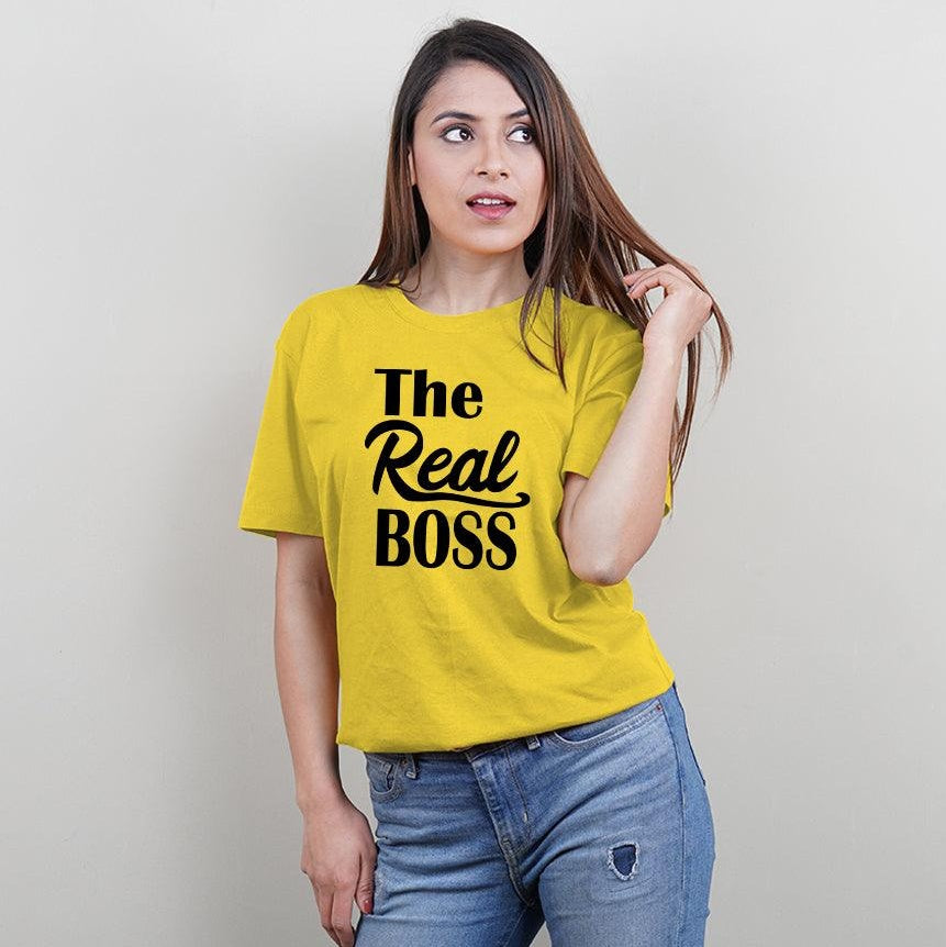 The Boss-The Real Boss-Mini Boss-Boss in Training, Family of 4 T-Shirts Combo (Yellow)