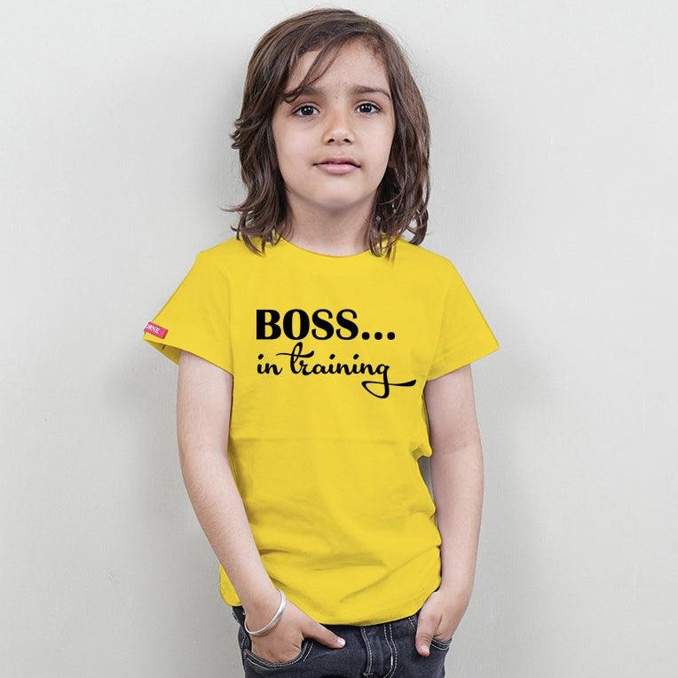 The Boss-The Real Boss-Mini Boss-Boss in Training, Family of 4 T-Shirts Combo (Yellow)