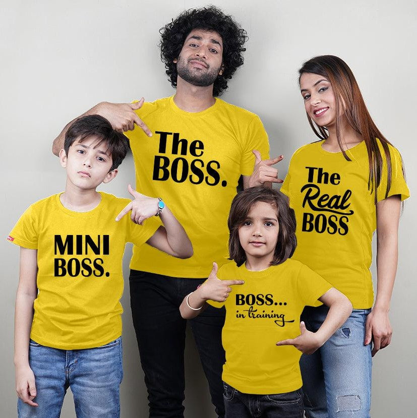 The Boss-The Real Boss-Mini Boss-Boss in Training, Family of 4 T-Shirts Combo (Yellow)