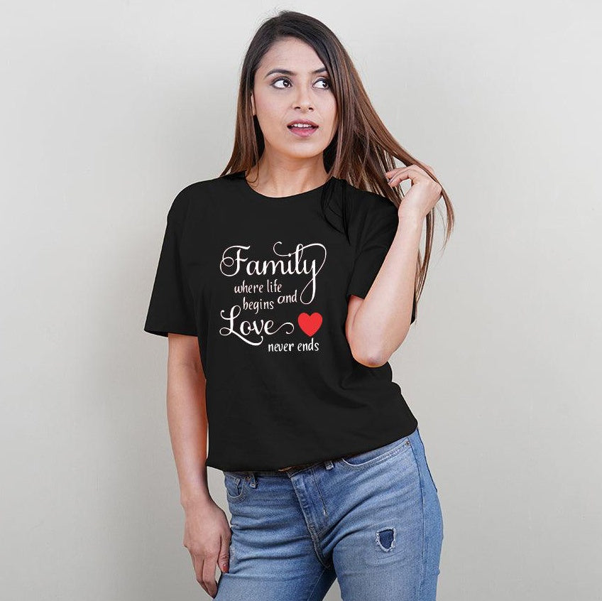 Family-Where Life Begins and Love Never Ends, Family of 4 T-Shirts Combo (Black)