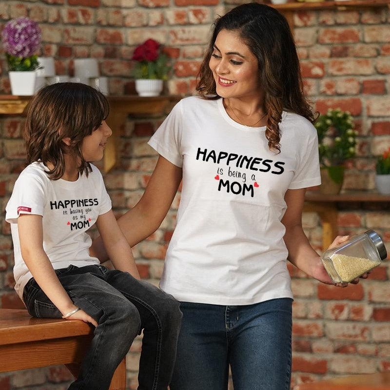 Happiness is Being a Mom, Mom-Son T-shirts Combo (White)