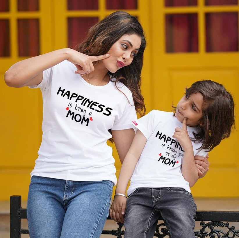 Happiness is Being a Mom, Mom-Son T-shirts Combo (White)