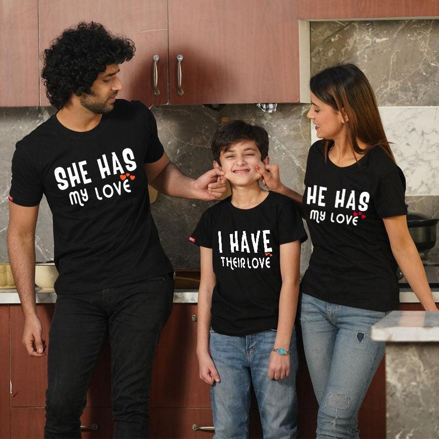 She Has My Love-He Has My Love , Family of 3 T-Shirts Combo (Black)