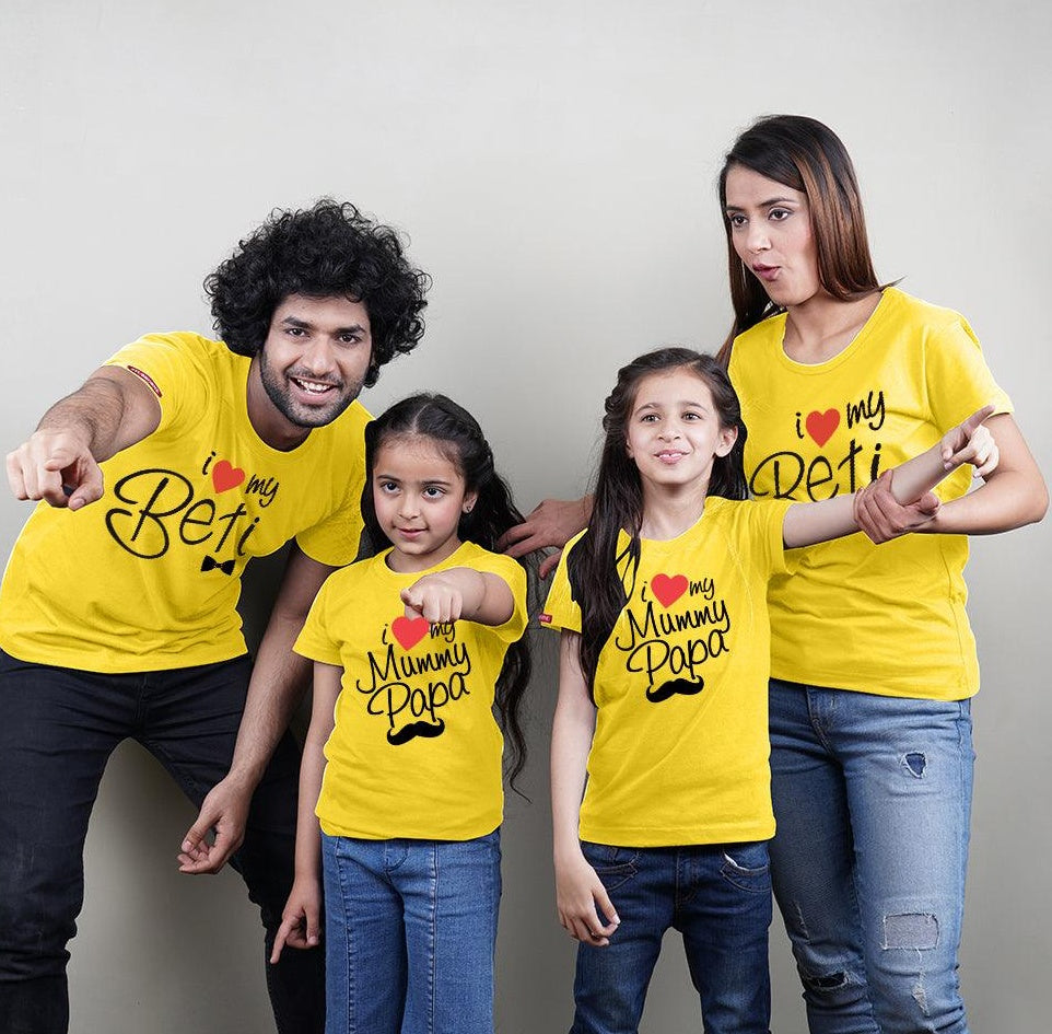 I Love My Beti, I Love My Mummy Papa, Family of 4 T-Shirts Combo (Yellow)