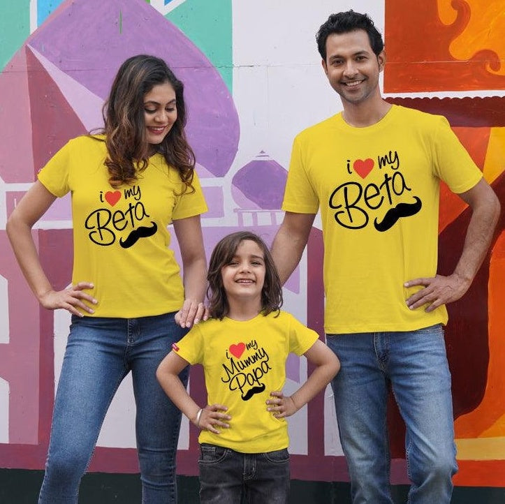 I Love My Beta, I Love My Mummy Papa, Family of 3 T-Shirts Combo (Yellow)