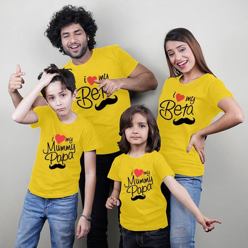 I Love My Beta, I Love My Mummy Papa, Family of 4 T-Shirts Combo (Yellow)