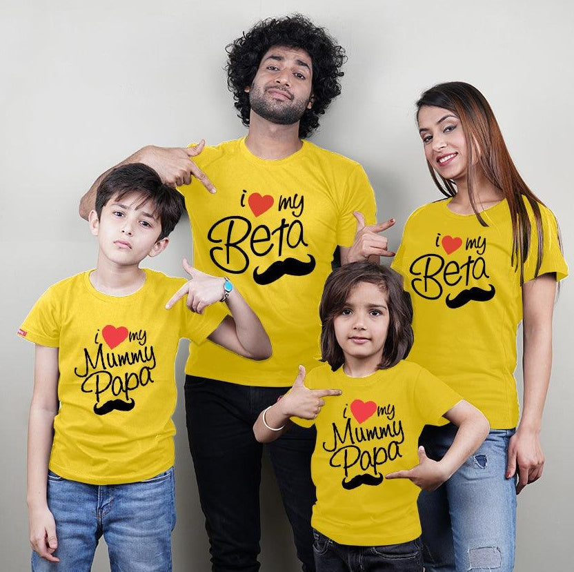 I Love My Beta, I Love My Mummy Papa, Family of 4 T-Shirts Combo (Yellow)