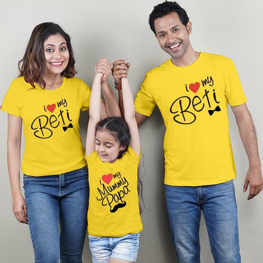 I Love My Beti, I Love My Mummy Papa, Family of 3 T-Shirts Combo (Yellow)