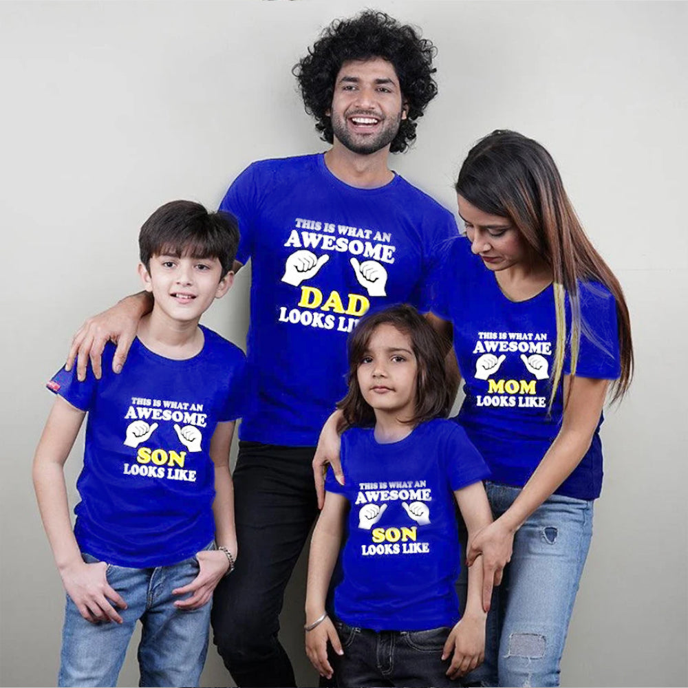 This is What an Awesome Dad-Mom-Son Lookslike.., Family of 4 T-Shirts Combo (Navy Blue)