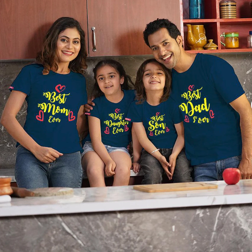 Best Dad Ever-Best Mom Ever.., Family of 4 T-Shirts Combo (Navy Blue) (Son-Daughter)