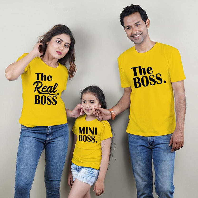 The Boss-The Real Boss-Mini Boss, Family of 3 T-Shirts Combo (Yellow)