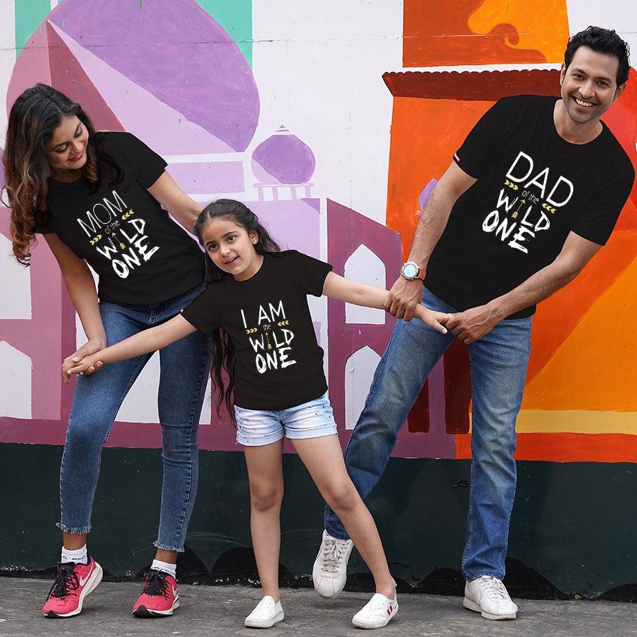 Dad of The Wild One-Mom of The Wild One-I am The Wild One, Family of 3 T-Shirts Combo (Black)
