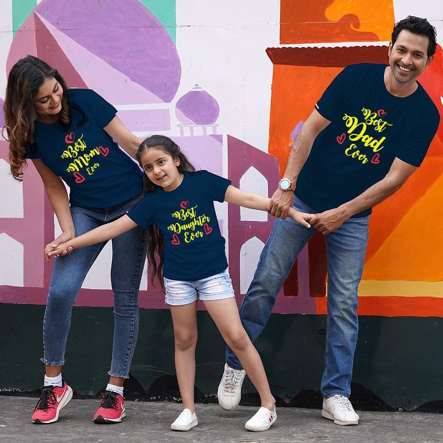 Best Dad Ever-Best Mom Ever.., Family of 3 T-Shirts Combo (Navy Blue)