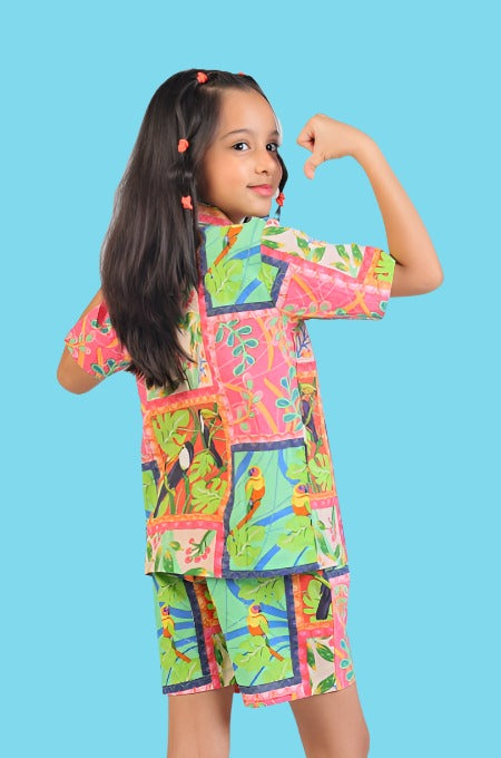 Pink and Green floral print mal cotton Co-ord set for kids
