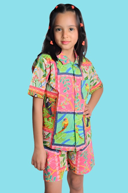 Pink and Green floral print mal cotton Co-ord set for kids