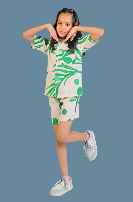 Tropical Leaves Print Green and White Co-ord set for Kids