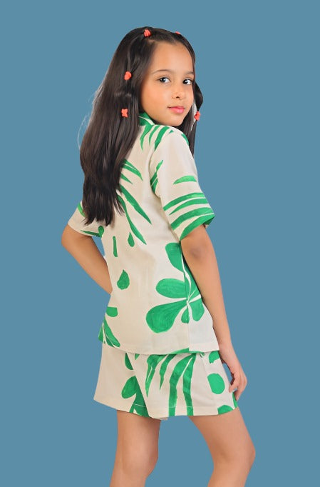 Tropical Leaves Print Green and White Co-ord set for Kids