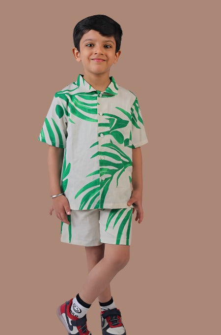 Tropical Leaves Print Green and White Co-ord set for Kids