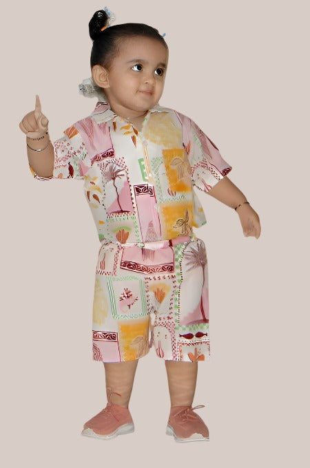 Light Pink and Brown Block Print Cambric Cotton Co-ord set for kids