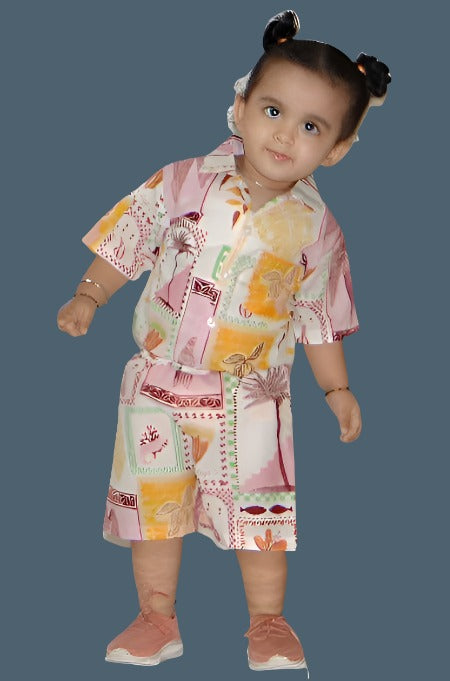 Light Pink and Brown Block Print Cambric Cotton Co-ord set for kids