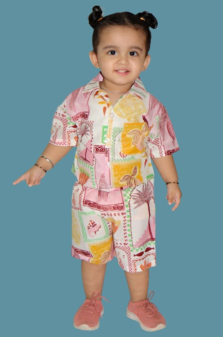 Light Pink and Brown Block Print Cambric Cotton Co-ord set for kids