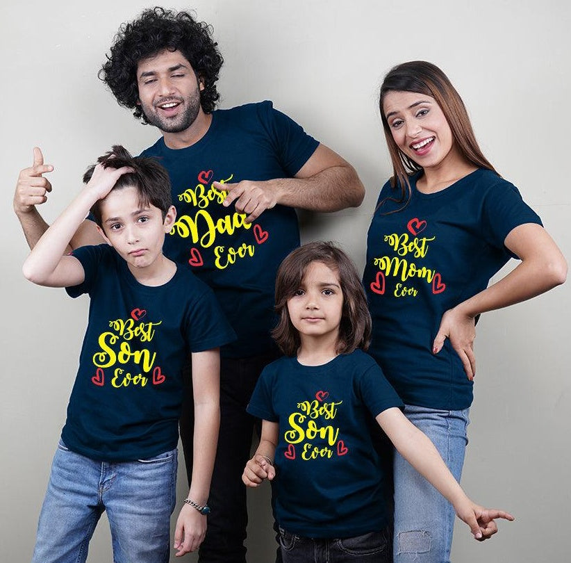 Best Dad Ever-Best Mom Ever.., Family of 4 T-Shirts Combo (Navy Blue)