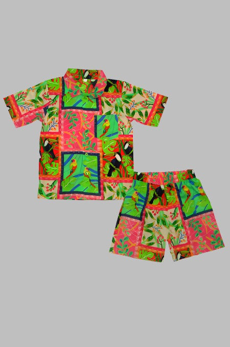 Pink and Green floral print mal cotton Co-ord set for kids
