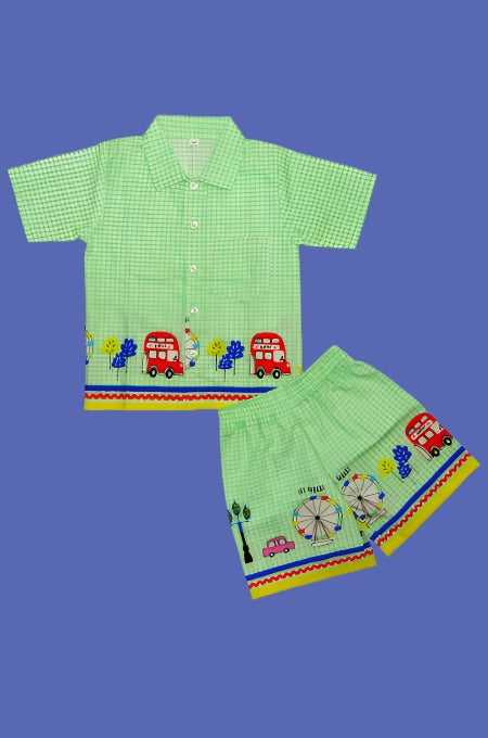 Green Color with Red Bus Print Cambric Cotton Co-ord set for kids