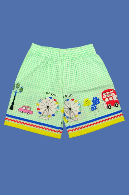 Green Color with Red Bus Print Cambric Cotton Co-ord set for kids