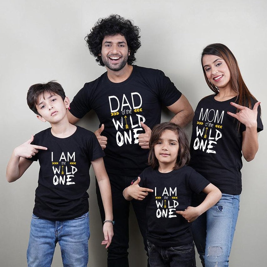 Dad of The Wild One-Mom of The Wild One-I am The Wild One, Family of 4 T-Shirts Combo (Black)