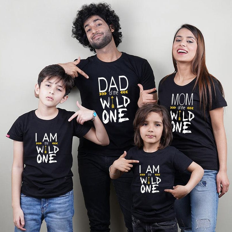 Dad of The Wild One-Mom of The Wild One-I am The Wild One, Family of 4 T-Shirts Combo (Black)