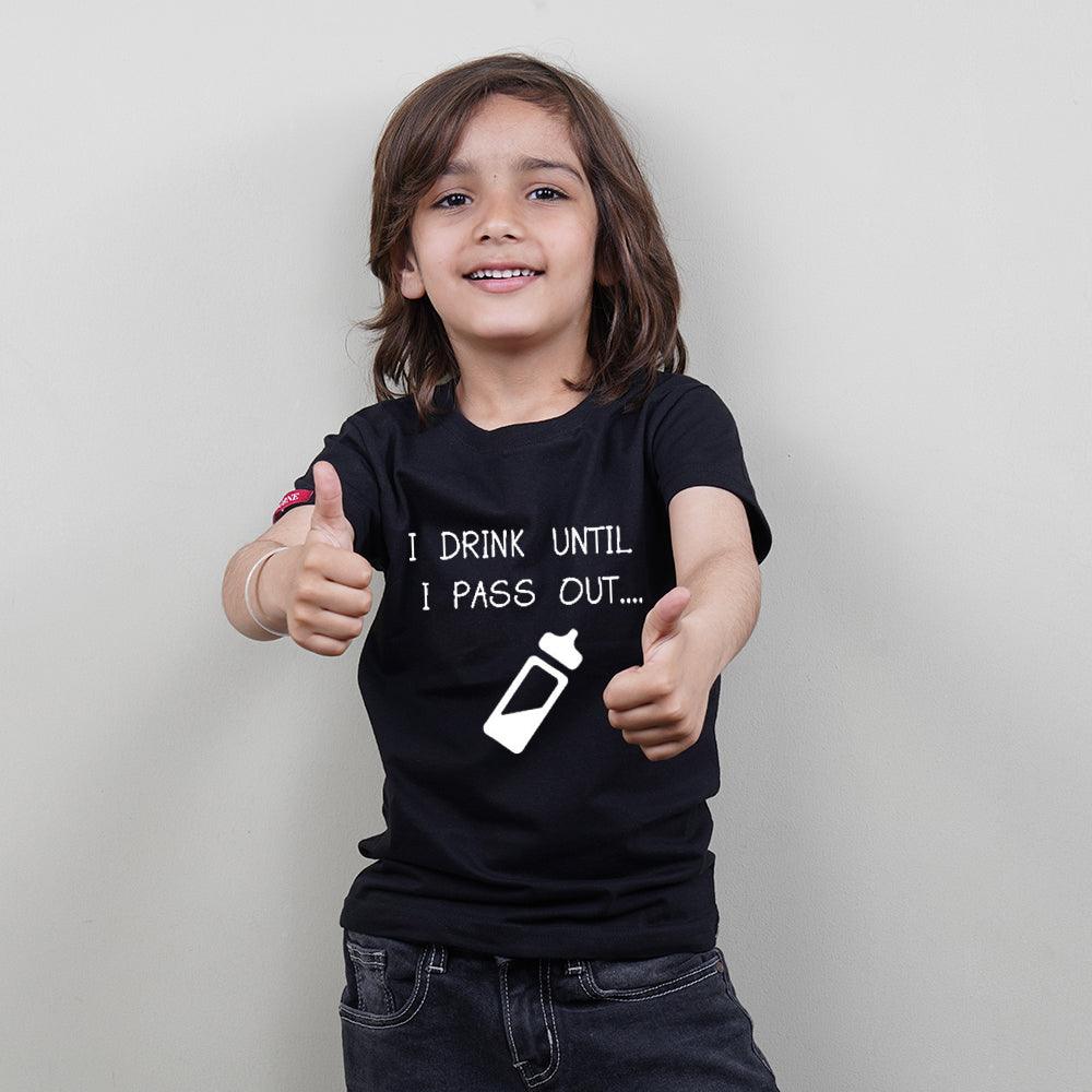 Kids Black T-Shirt (I Drink Until I Pass Out) Stubborne - big-little-feelings