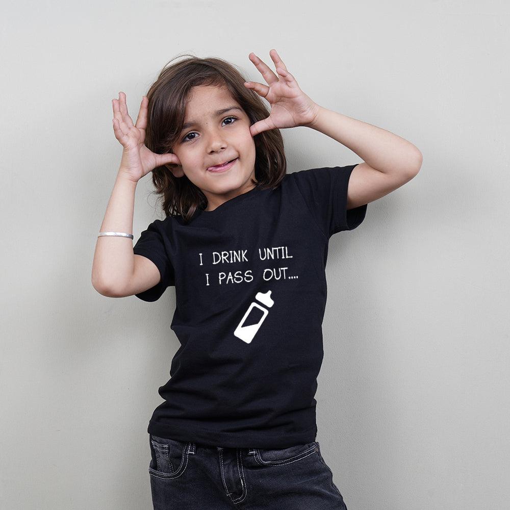 Kids Black T-Shirt (I Drink Until I Pass Out) Stubborne - big-little-feelings