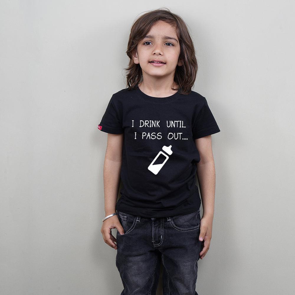 Kids Black T-Shirt (I Drink Until I Pass Out) Stubborne - big-little-feelings